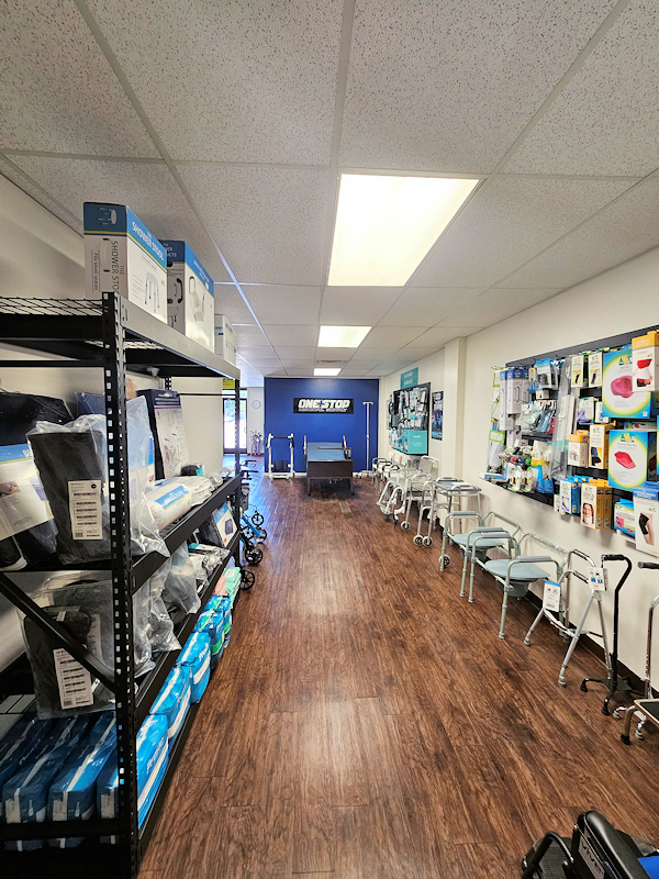 Interior view of the store showing walkers and other medical equipment for sale.